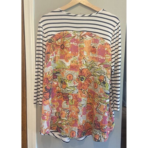 Soft Surroundings Floral Surprise Striped Tunic Top Size L Shirt Tropical Beach - Picture 2 of 7